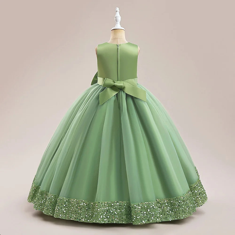 Fluffy Pailletten Brautjungfern Prinzessin Mädchenkleid Elegante Schleife Rosa Hochzeit Abschlussball Abend Kinder Partykleider für Mädchen Geburtstagskostüme