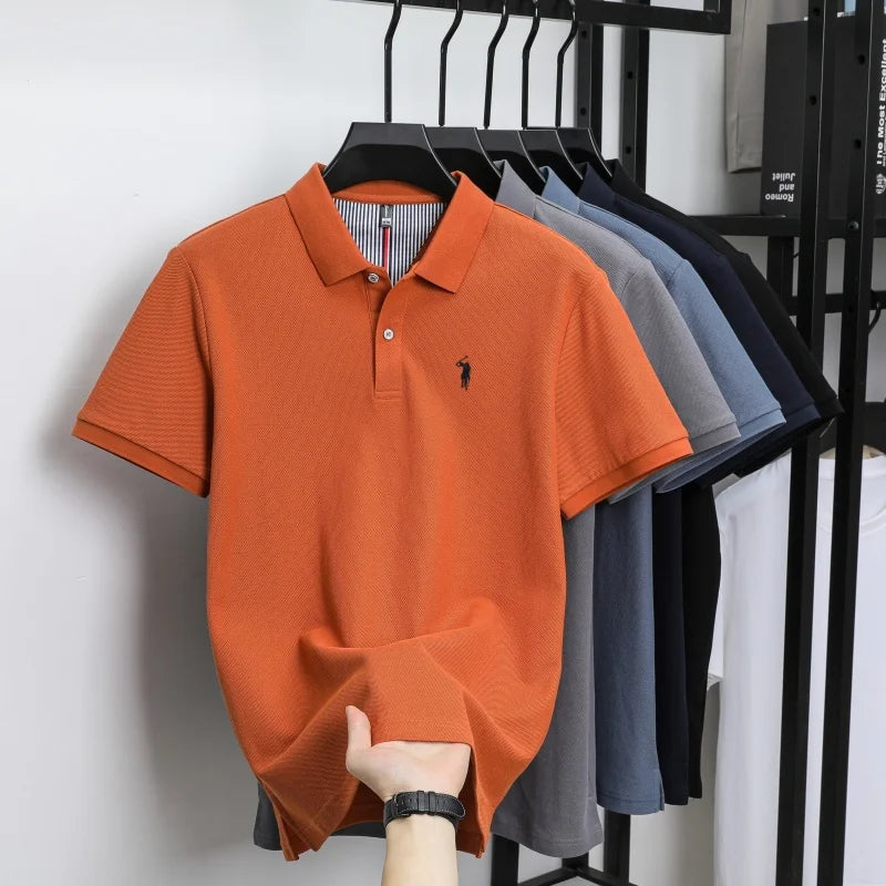 T-shirt polo d'affaires d'été décontracté ample brodé de marque de luxe haut de gamme en coton pur à 100 % pour homme à manches courtes respirant