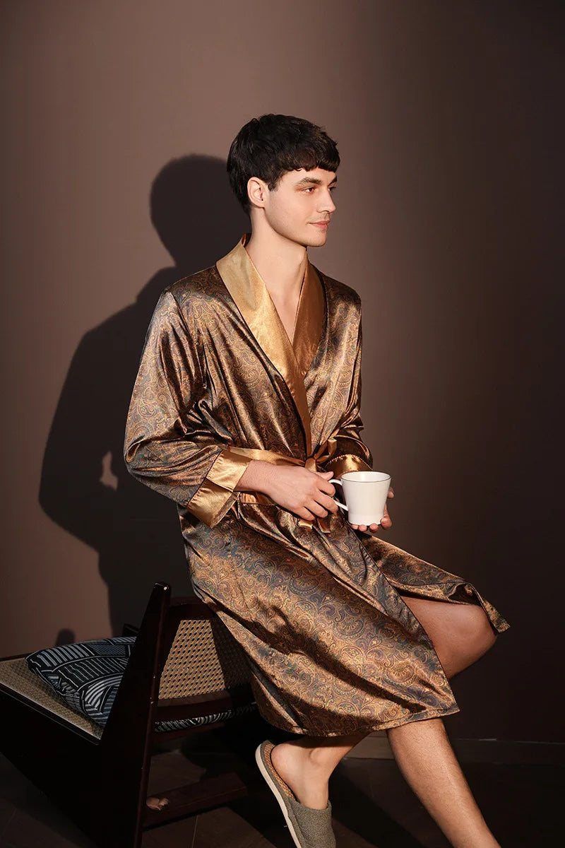 Peignoir d'été fin pour hommes, Robe de nuit de haute qualité, Peignoir une pièce, Vêtements d'intérieur masculins, Pyjama en soie glacée imprimé de grande taille pour homme, printemps