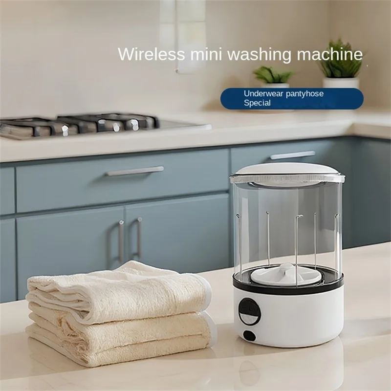 Eine weiße 2L Mini-Waschmaschine, 2000 mAh, vollautomatische tragbare Turbinen-LED-Waschbecher, kompakt für Kinderkleidung, Unterwäsche, Slips und Socken