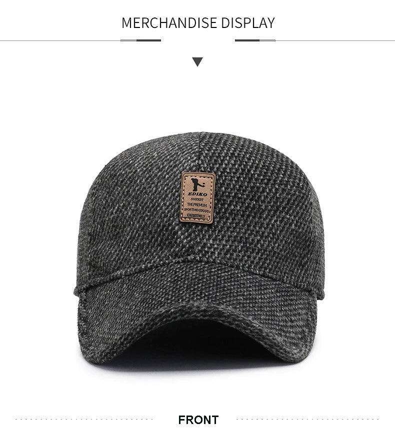 Casquette de baseball en laine tricotée pour l'hiver, cache-oreilles, casquette de baseball pour hommes, chapeaux chauds et épais avec protège-oreilles, casquettes de sport de golf, snapback