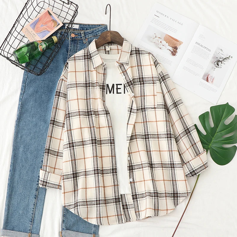 Women's Plaid Shirt 2025 New Ladies Loose Casual Blouse and Tops Fresh College Style Female Long Sleeve Shirts Women Clothes