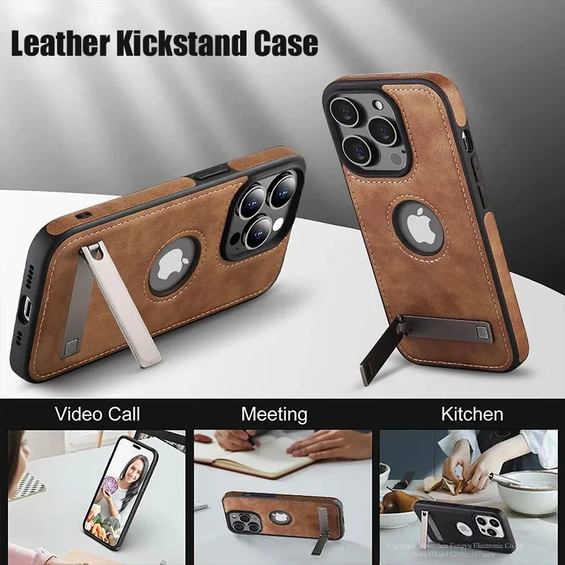 Handyhülle aus PU-Leder mit Ständer für iPhone 17 16 15 Pro Max 14 Plus 13 12 11 Mini Weicher Griff Luxus-Rückabdeckung mit Ständer