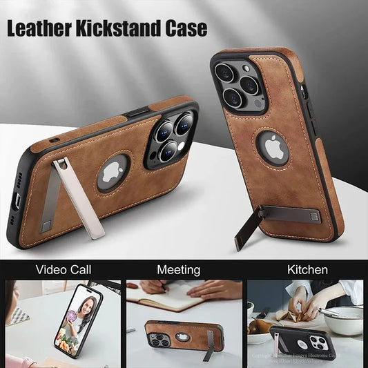 Handyhülle aus PU-Leder mit Ständer für iPhone 17 16 15 Pro Max 14 Plus 13 12 11 Mini Weicher Griff Luxus-Rückabdeckung mit Ständer