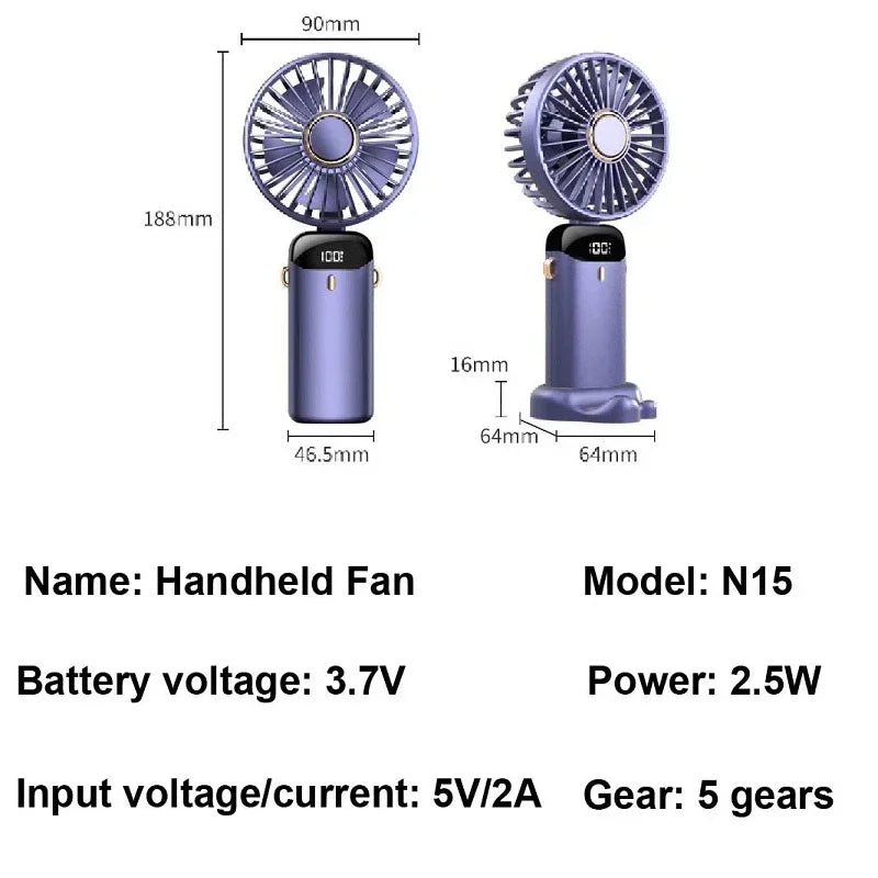 Mini ventilateur portable 3000 mAh pliable, à poser sur un bureau, à suspendre autour du cou, 5 vitesses, rechargeable par USB, support de téléphone, écran d'affichage