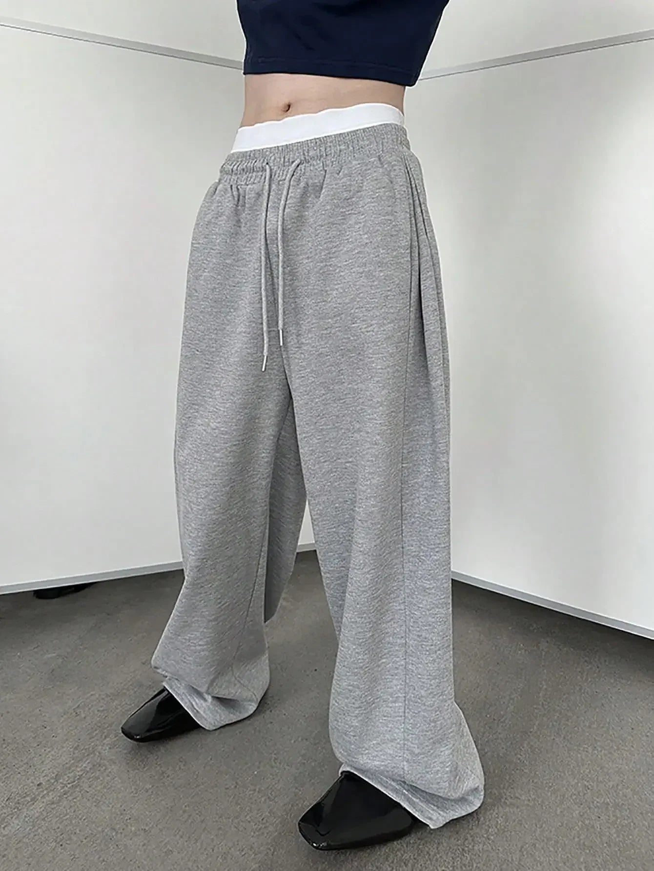 Pantalon de survêtement large Y2K Harajuku pour femmes, streetwear, ample, surdimensionné, gris, de sport, taille haute, avec cordon de serrage, décontracté