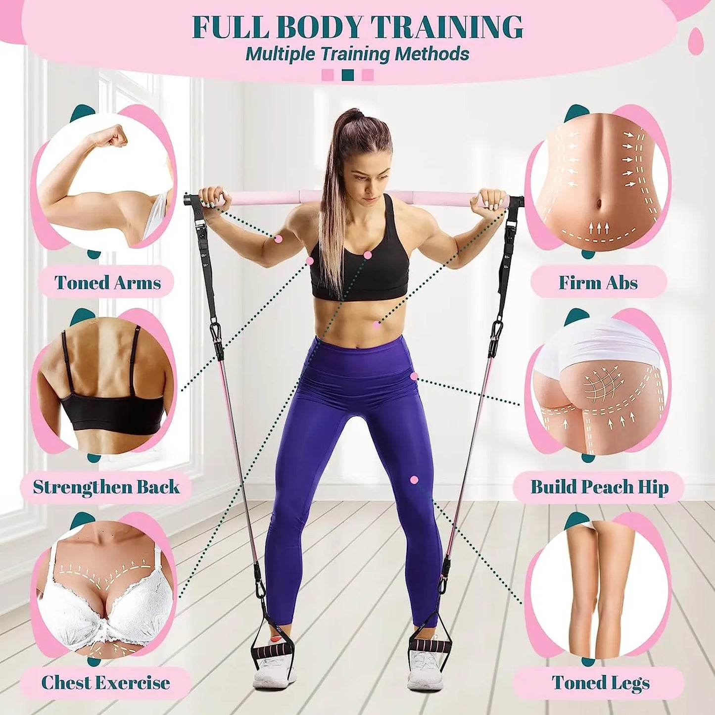 Kit de barre Pilates avec bandes de résistance Barre de yoga multifonctionnelle Kit de barre de résistance portable pour la maison pour des entraînements complets du corps