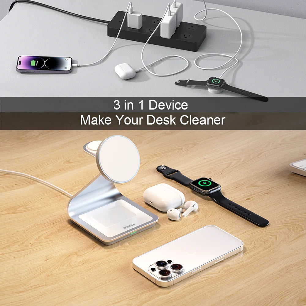 Bonola Magnetic 3 in 1 Wireless Charger for iPhone 17/16/15/13/14/12 30W Wireless Charging Station for Apple Watch/AirPods Pro