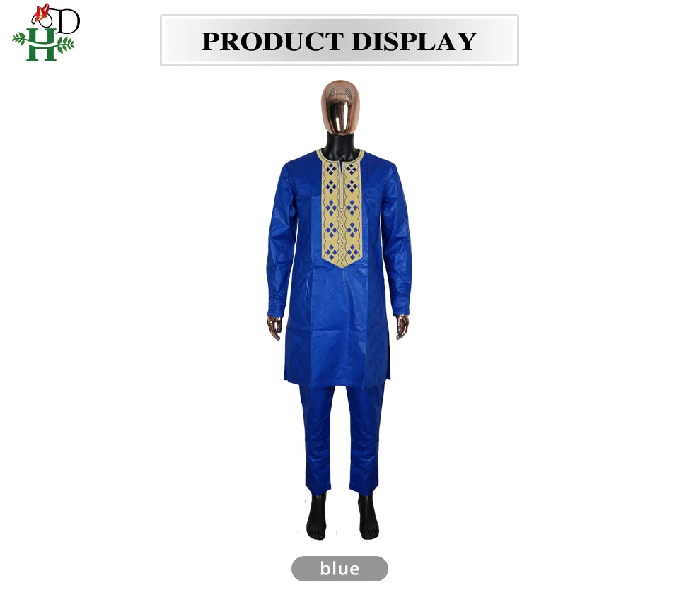 H&D Nouveaux Vêtements Africains pour Hommes Tradition Vêtements Broderie Bleu Ensemble 2 Pièces Haut Pantalon Bazin Musulman Mariage Fête Dashiki