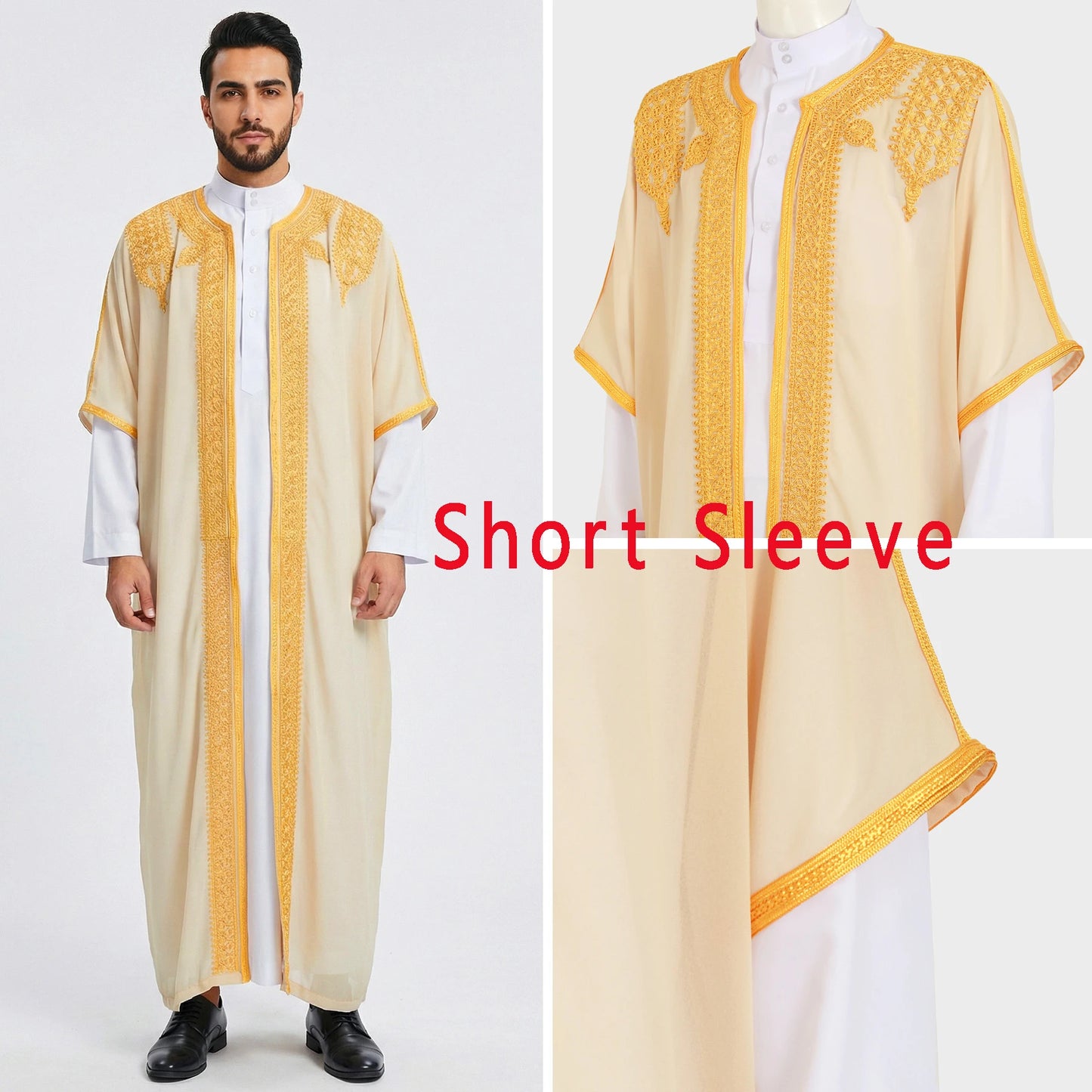 Traditional Arab Men's Robe Thobe Embroidered Dress Middle Eastern Ethnic Jubba Thobes Eid Djellaba Kimono Abaya Thoub Dishdasha