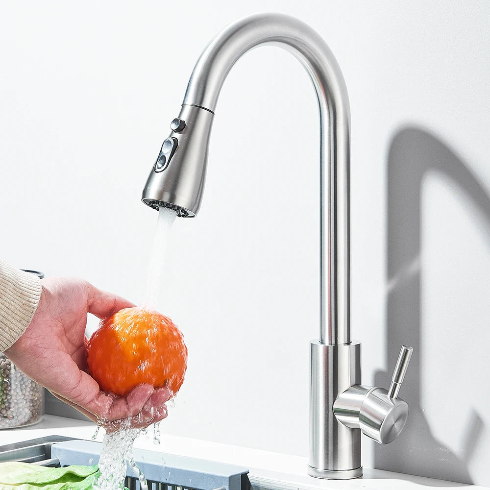 Küchenarmaturen Gebürstet Nickel Ausziehbare Küchenspüle Wasserhahn Deckmontierter Mischbatterie Strahlbrausekopf Heiß Kalt Armaturen Silber