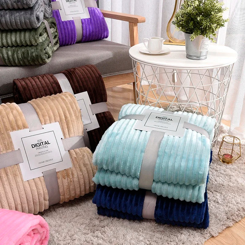 Couvertures en flanelle rayées pour lits, couleur rose bleu uni, douce, chaude, vison, jeté de canapé, couvre-lit, plage, couvertures de voyage en avion