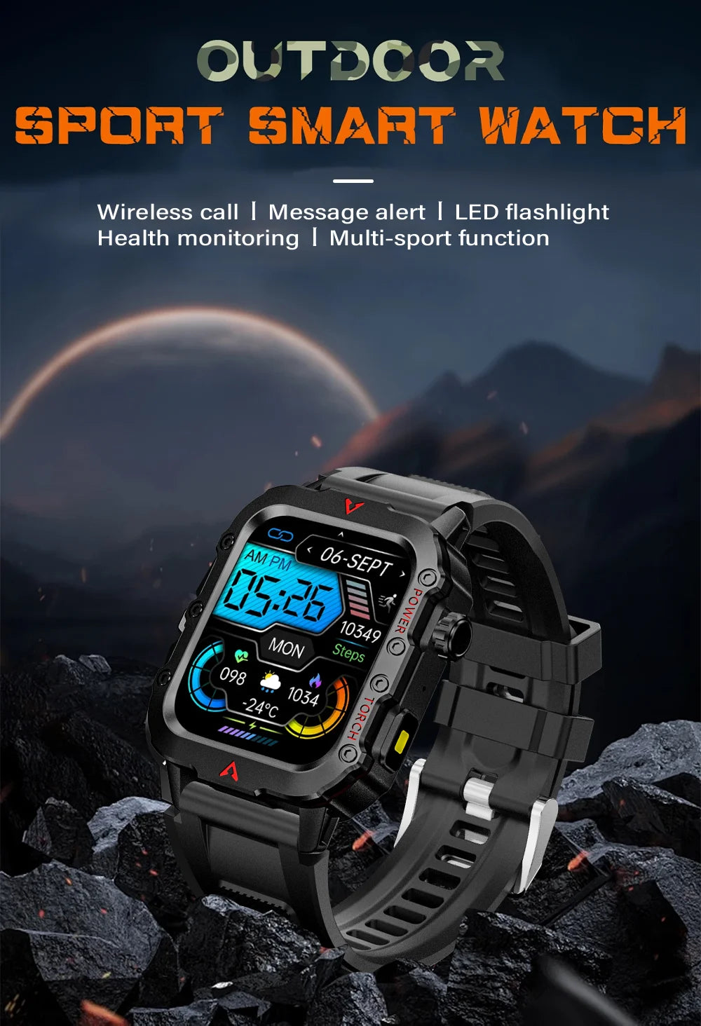 LAXASFIT Nouvelle montre intelligente pour homme Lampe de poche LED Montre intelligente de sport en plein air Surveillance de la santé Montre intelligente
