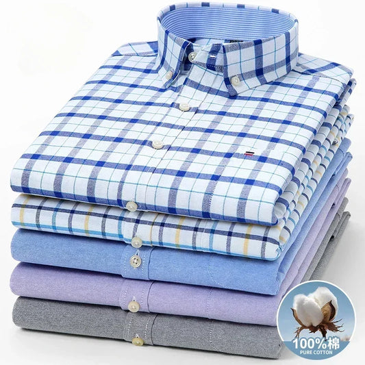 100-220 catties Plus Size Men's Shirt 100% Cotton Long Sleeve Business Casual All Oxford Spinning Plus Size Plaid Shirt