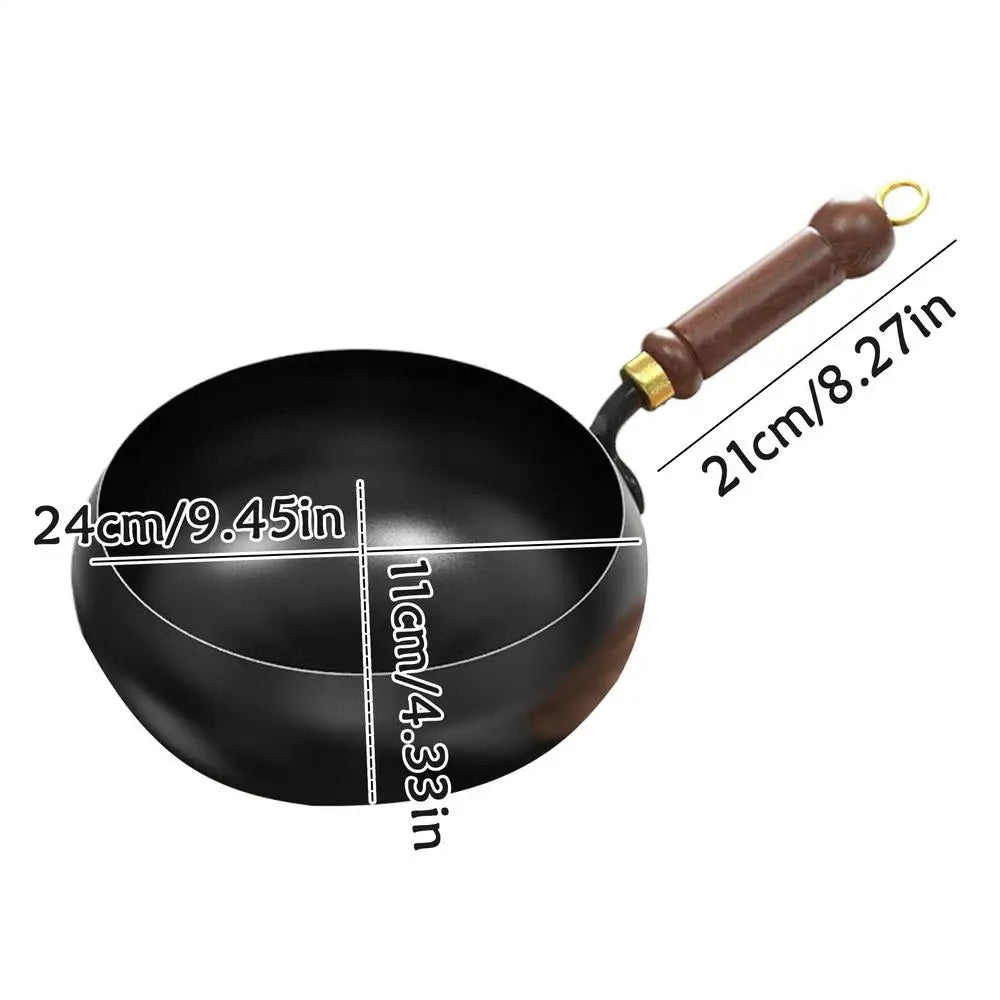 Großer Antihaft-Wok, chinesische Pfanne mit flachem Boden, unbeschichtet, tiefer Eisentopf mit Holzdeckel, 24 cm Durchmesser, Bratpfanne
