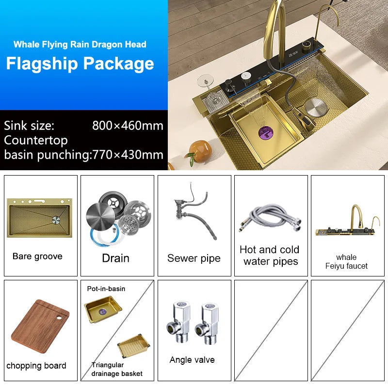 Goldfarbene Edelstahl-Küchenspüle mit Wasserfallauslauf, großes Einzelbecken, Digitalanzeige, Spül- und Gemüsebecken