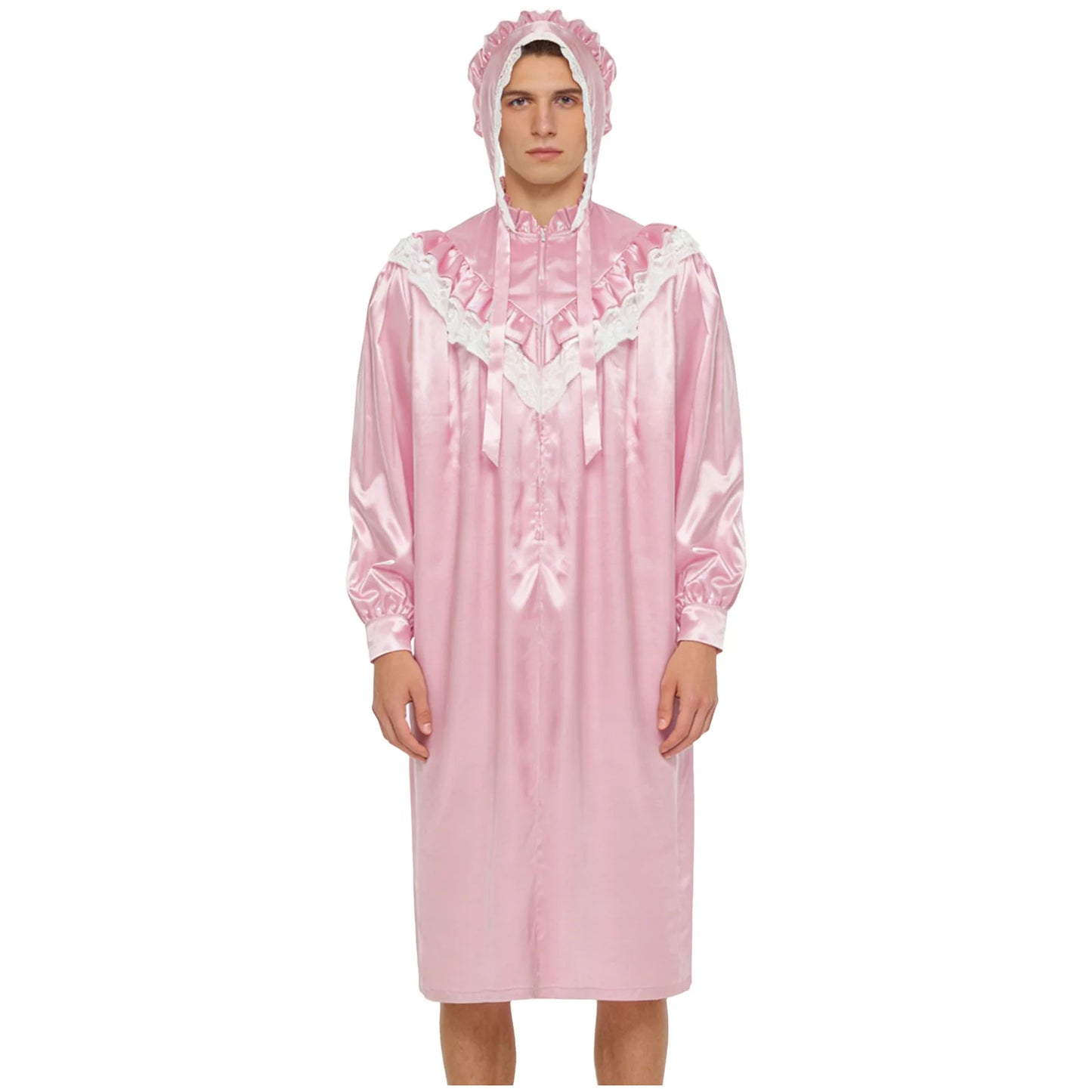 Pyjama homme à volants et dentelle, nuisette victorienne Sissy avec chapeau, robe de nuit satinée à manches longues et fermeture éclair sur le devant