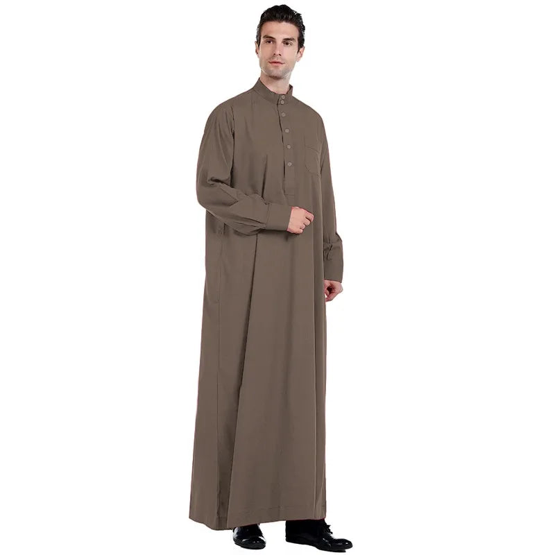 2026 Muslim Clothing Men Jubba Thobe Solid Long Sleeve Kaftan Stand Collar Casual Robe Moroccan Dishdasha Thawb Islamic Clothing