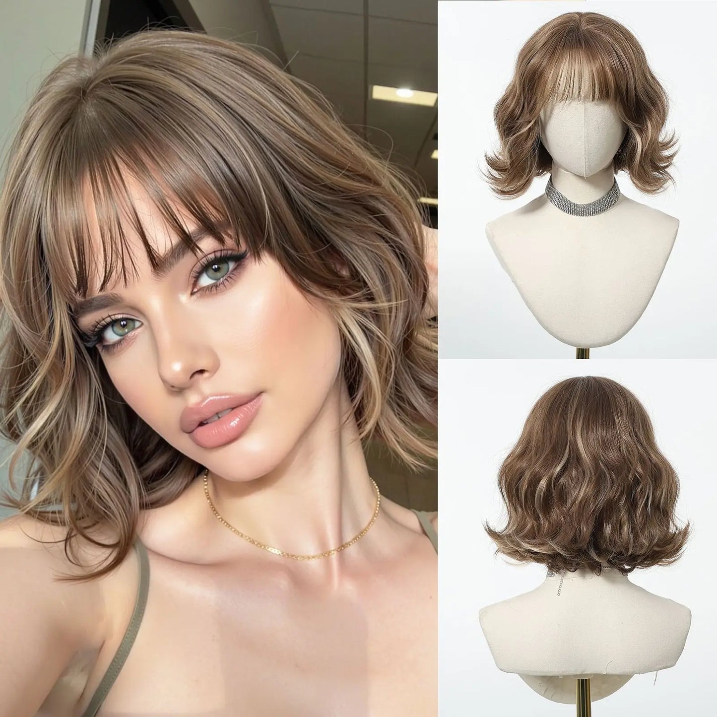 Perruque Synthétique Rouge Helloween Perruque Courte Bob Naturelle avec Frange pour Femme Fête Quotidienne Cosplay Fibre Résistante à la Chaleur