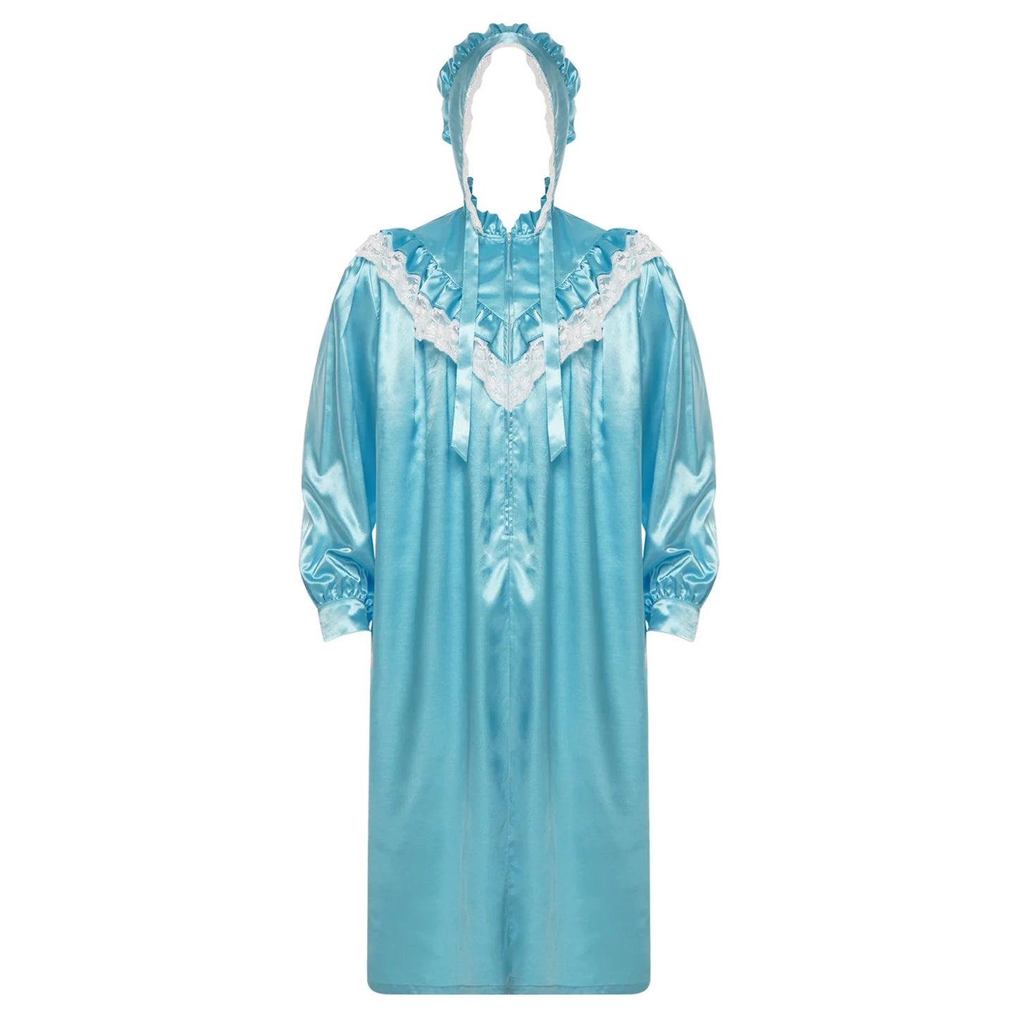 Pyjama homme à volants et dentelle, nuisette victorienne Sissy avec chapeau, robe de nuit satinée à manches longues et fermeture éclair sur le devant