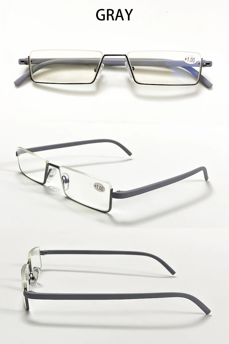 Lunettes Lumière Bleue Homme May Flower en Métal Bleu, Monture Grise Demi-cerclée Pour Presbytie, TR90 avec Lentilles Grossissantes
