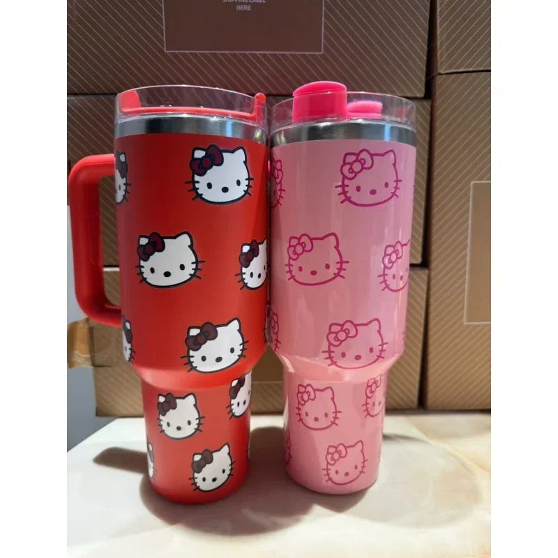 Kawaii Hello Kitty 40oz Edelstahl-Vakuumbecher Anime mit Griff Strohhalmbecher Kaffeetasse mit Verpackungskarton Schnelle Lieferung