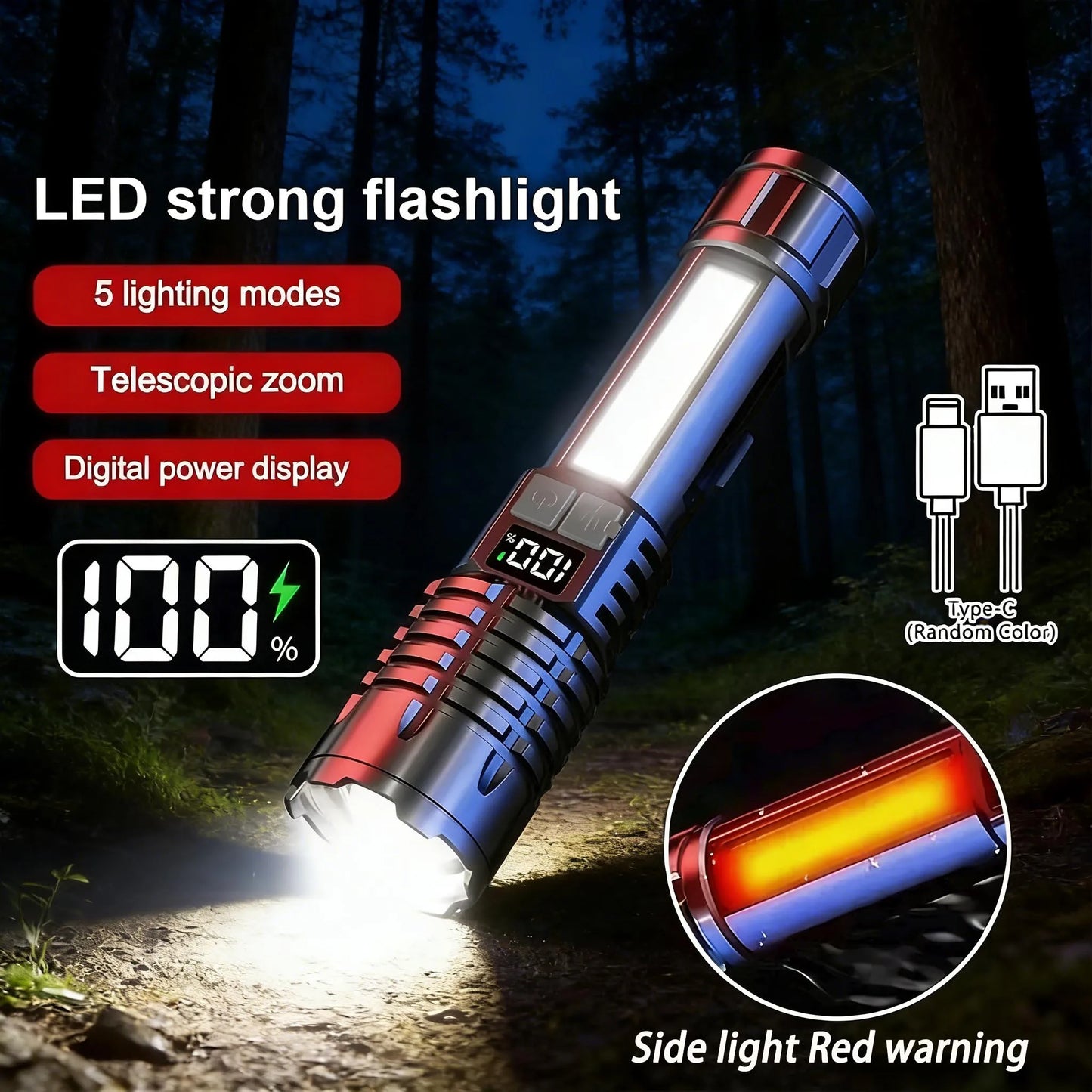 Super Bright COB LED Flashlight TYPE-C Rechargeable Zoomable With Side Light Waterproof Torch Camping Hiking Emergency Outdoor