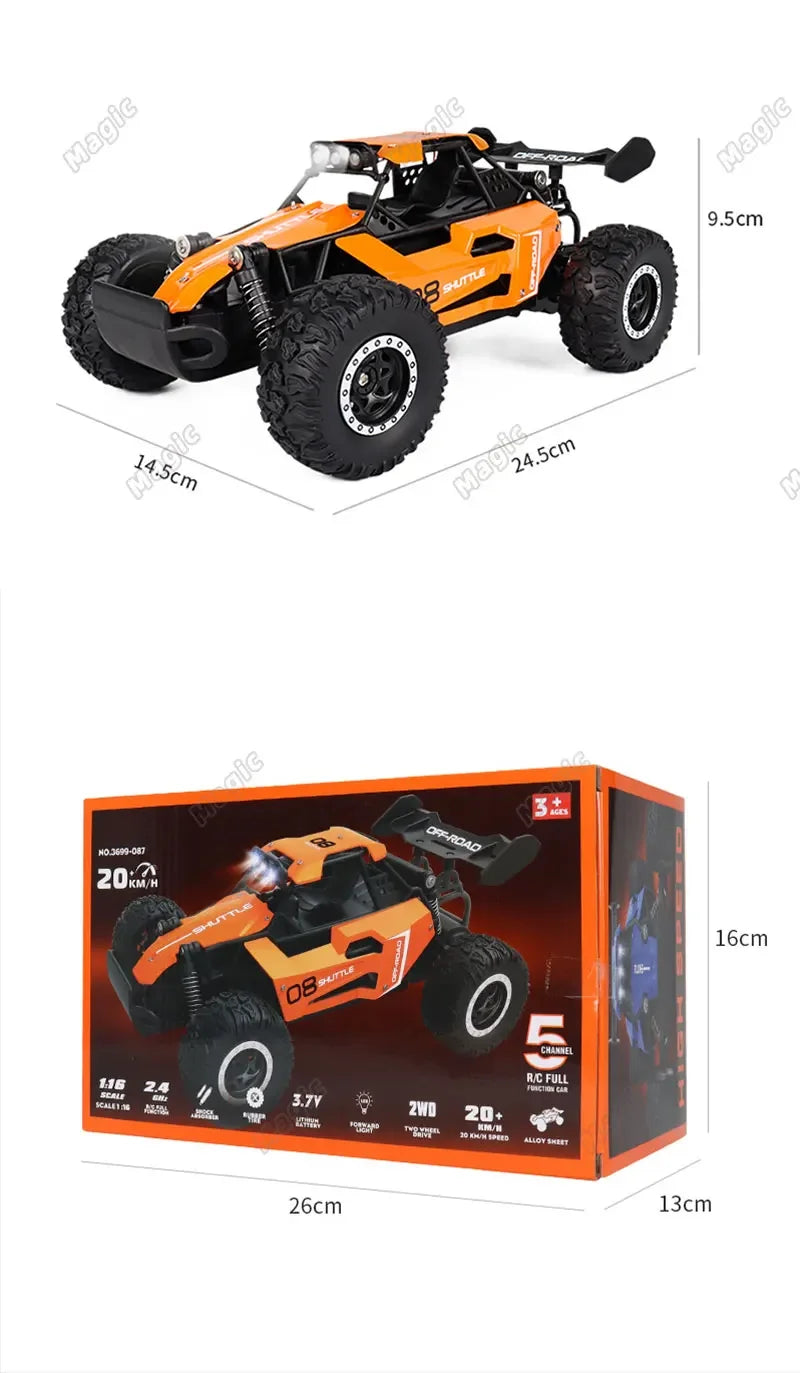 DK087 Voiture RC Tout-terrain 20KM/H 2WD Télécommandée 1:16 Coque Métal Phares LED Voiture Jouet RC pour Cadeaux