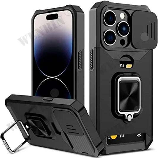 Hülle für iPhone 17 16 15 14 13 12 Pro Max Plus 8 7 Plus Mini Robuster Schutz mit Schiebe-Kameraabdeckung und Kartenclip-Abdeckung