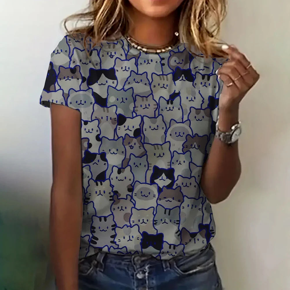 T-shirt Femme Impression 3D Chat Vêtements Été Col Rond Mode Manches Courtes Élégant Décontracté Haut Ample T-shirt Vêtements Femme