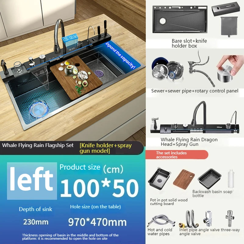 Stainless Steel Kitchen Sink Multifunctional Digital Display Waterfall Large Single Slot With Rack For Knife Wash Dish Basin