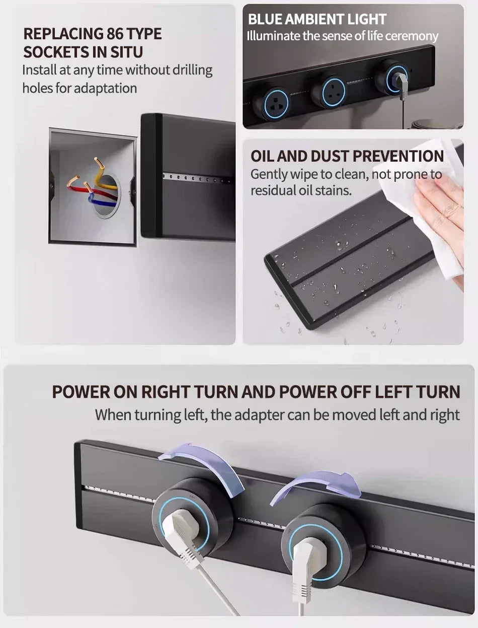 40cm 50cm Prise murale sur rail, prises mobiles, appareil électroménager haut de gamme, puissance 8000W, ports USB Type-C standard EU US UK