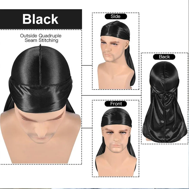1-4Pcs New Silk Plus (High-Density) Durag Bandana Turban Hat Men Breathable Long Tail Doo Rag for men Durags Pirate Hat Headband