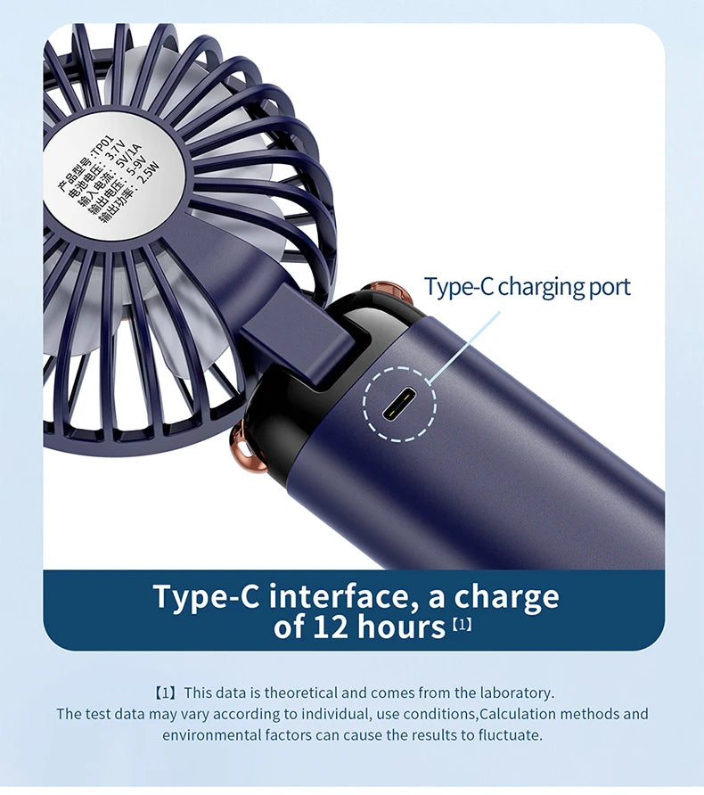 Mini ventilateur portable 3000 mAh pliable, à poser sur un bureau, à suspendre autour du cou, 5 vitesses, rechargeable par USB, support de téléphone, écran d'affichage