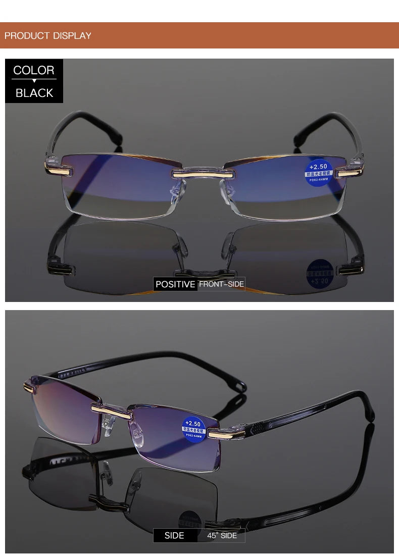 Lunettes de lecture anti-lumière bleue pour femmes, monture sans bords à découpe diamantée, pour hommes, anti-fatigue, hypermétropie, presbytie +1,5