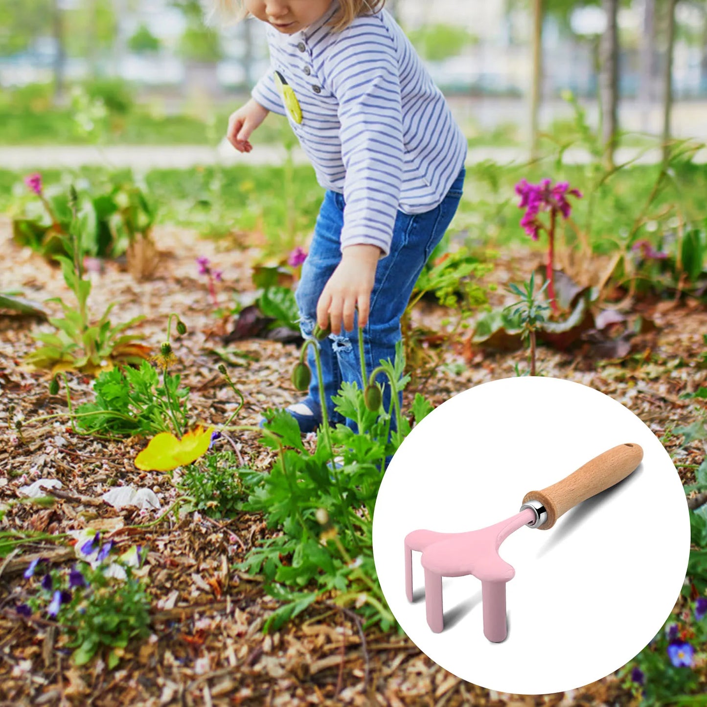 Petit kit d'outils de jardinier, coloré, sûr, avec manche en bois, pelle, râteau, fourche, ensemble de cadeaux de jardinage pour enfants et filles