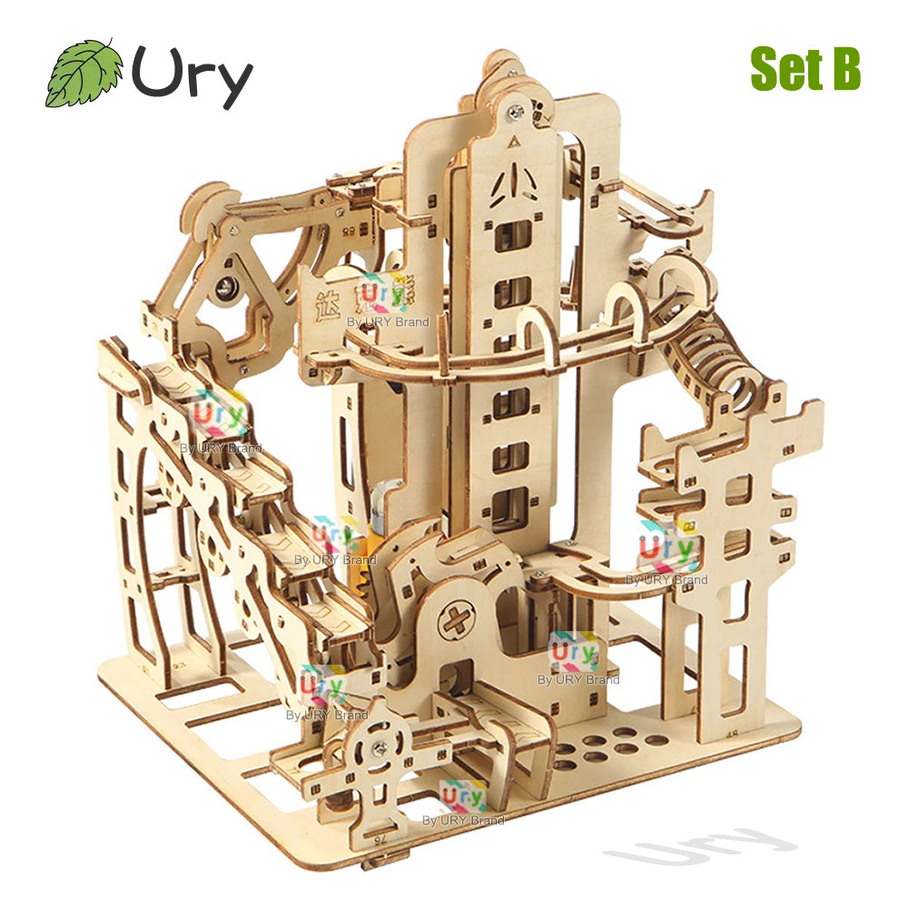 Ury 3D Wooden Puzzles Marble Electric Catapult Track Device Set Mechanical Model Science Maze 7 Balls Assembly Toy for Kids Gift