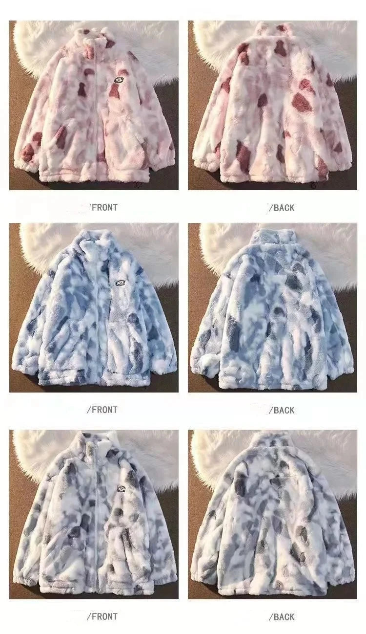 Neue Damen Batik Lammfelljacke Herbst Winter Reißverschluss Oberbekleidung Warme Plüschjacken Harajuku Lässige Lose Weibliche Dicke Jacke