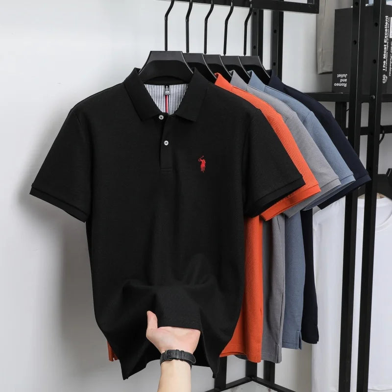 T-shirt polo d'affaires d'été décontracté ample brodé de marque de luxe haut de gamme en coton pur à 100 % pour homme à manches courtes respirant