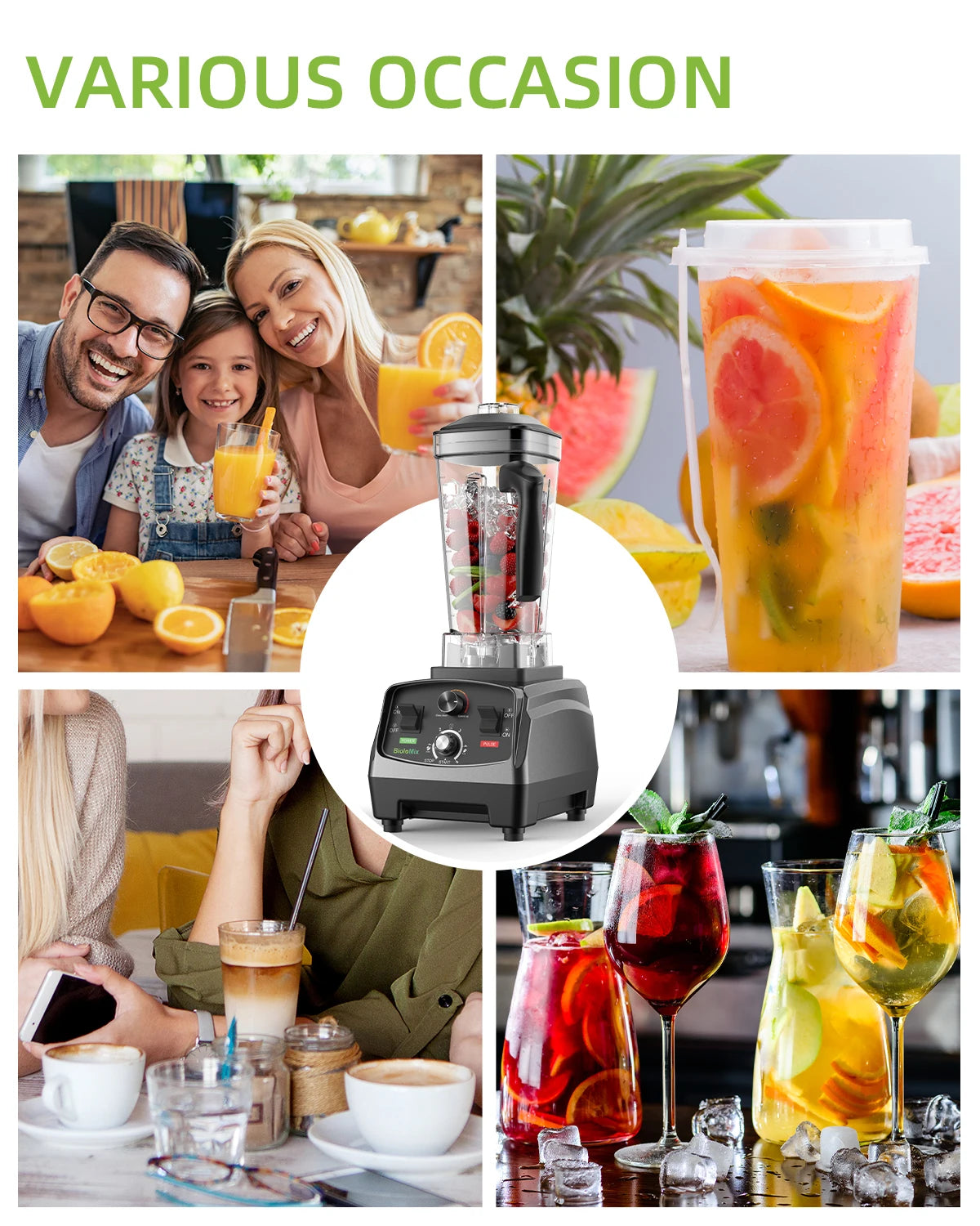 BioloMix 3HP 2200W Heavy Duty Grade Timer Blender Mixer Juicer Fruit Food Processor Ice Smoothies BPA Free 2L Jar