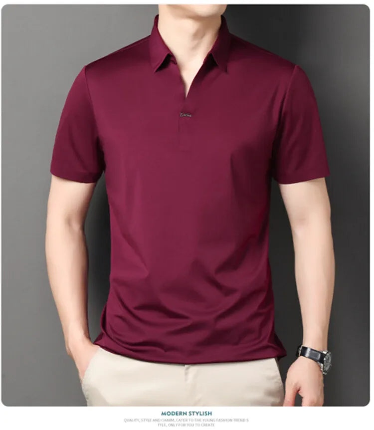Polo 2024 de haute qualité, extensible et élastique, Chemise à manches courtes pour hommes, style décontracté, Col en V sans coutures, Polo pour hommes M-4XL