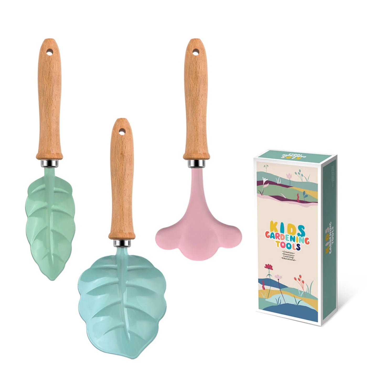 Petit kit d'outils de jardinier, coloré, sûr, avec manche en bois, pelle, râteau, fourche, ensemble de cadeaux de jardinage pour enfants et filles