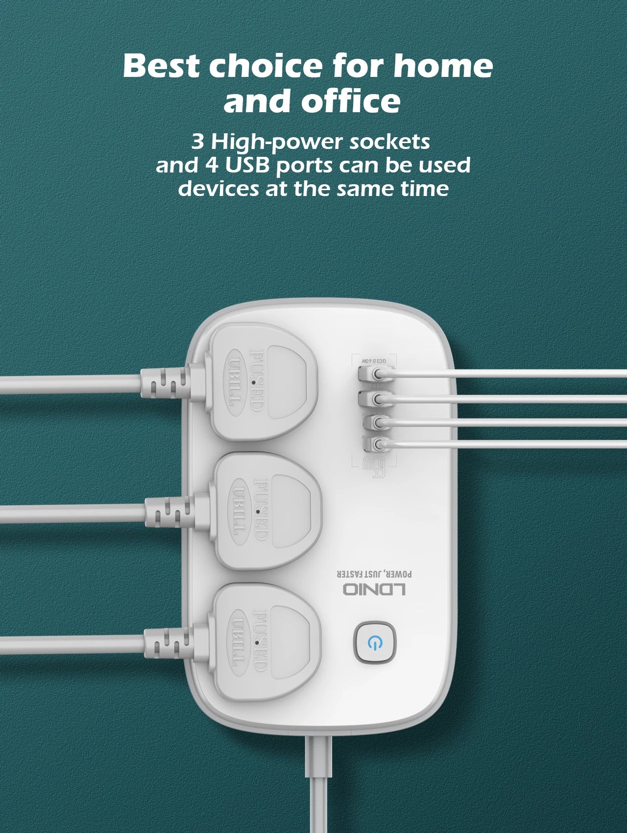 LDNIO 65W Steckdosenleiste mit 3 Universalsteckdosen 4 USB-Anschlüssen, Steckdose mit 2M dickem Verlängerungskabel Überspannungsschutz SC3416