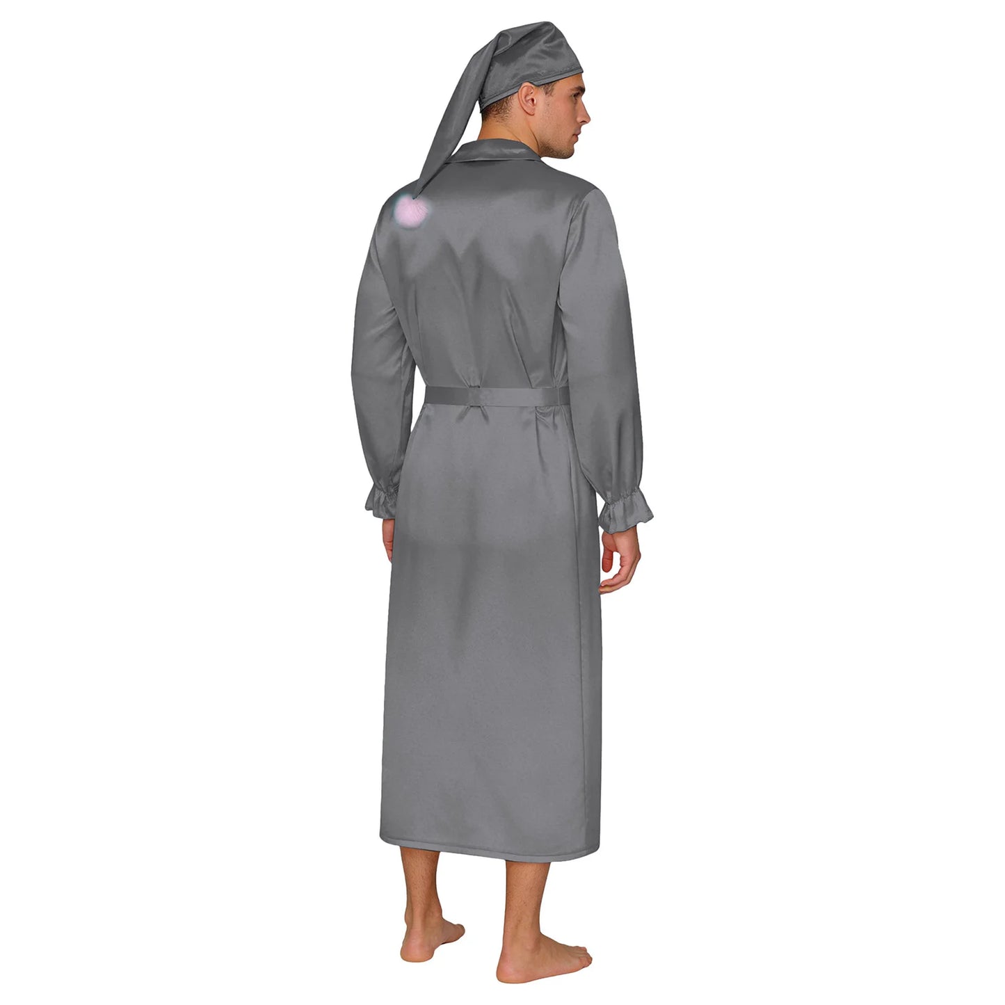 Herren Sissy Pyjama Satin-Nachtwäsche Nachthemd mit Schlafhaube Langarm Rüschenmanschetten Plissierter Brustumhang mit Gürtel Vintage