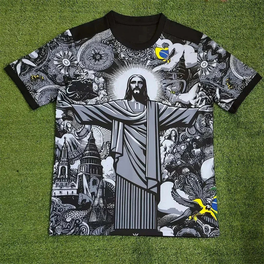 Haut d'entraînement de football d'été Brésil Édition Spéciale Jesus Maillot de Football Noir Gris Adulte Enfant T-shirts d'extérieur à séchage rapide