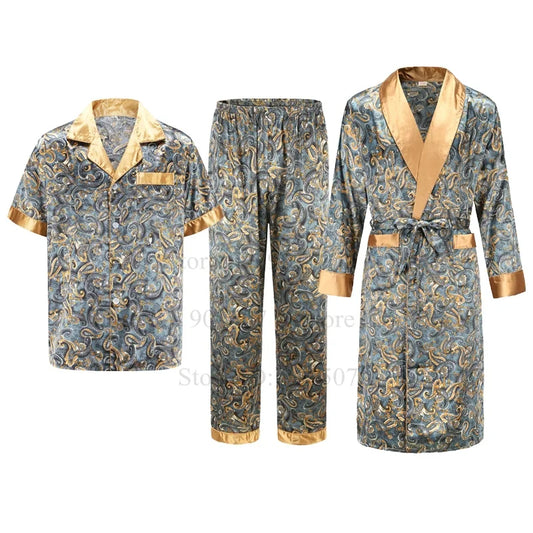 Ice Silk Robe Male Casual Home Clothes Print Shirt&pants Summer Autumn New Bathrobe with Pocket Loose Nightwear Loungewear