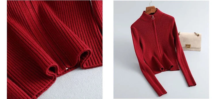 Frühling Herbst Reißverschluss Cardigan Damen Pullover Gestrickt Langarm Stehkragen Oberteile Koreanische Mode Kurzer Pullover für Damen