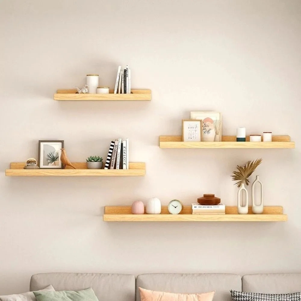 Space Saving Wooden Floating Shelf Minimalist Style Rustic Wall Mounted Storage Rack Decorative Bookshelf Organizer