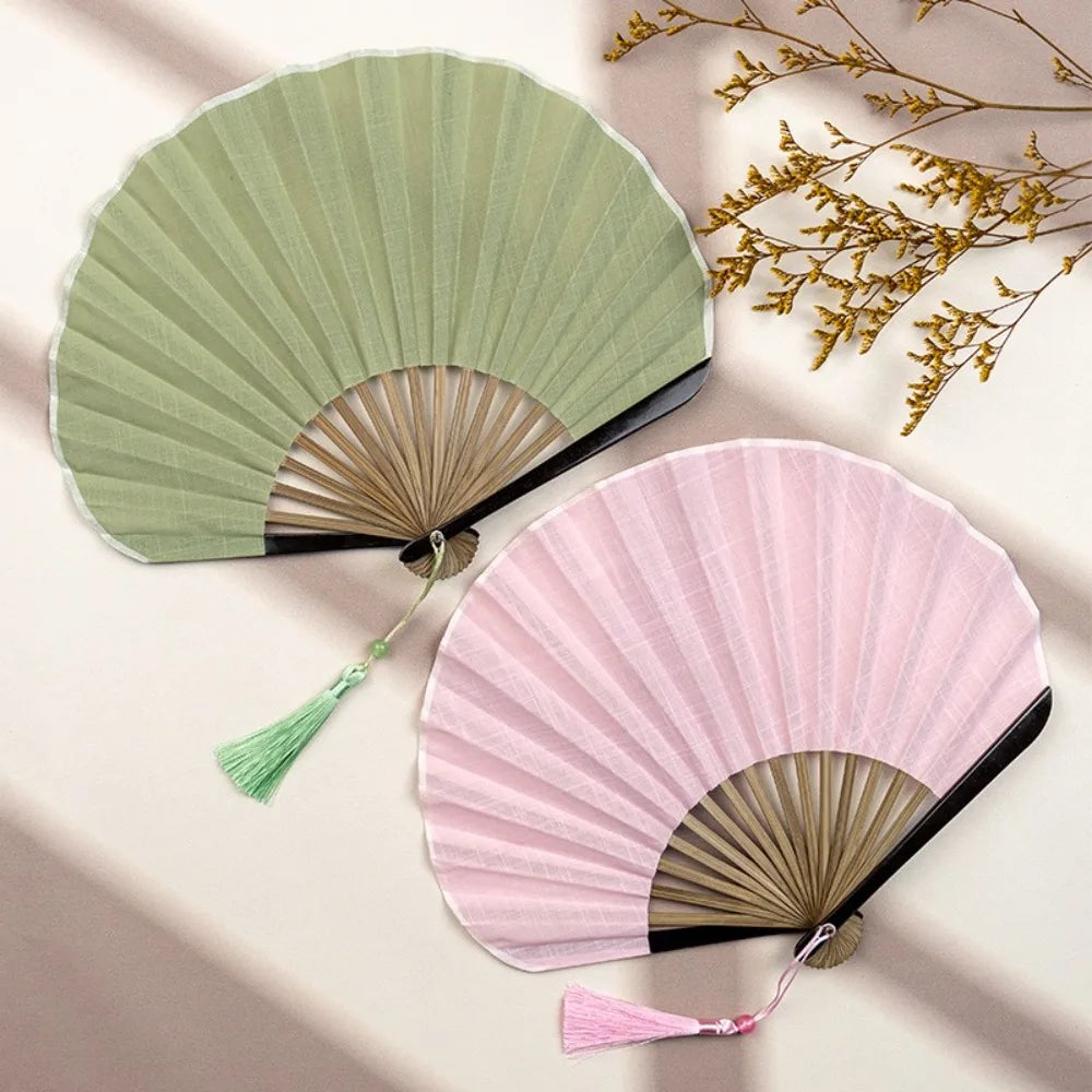 Mini ventilateur créatif rétro en coquillage, éventail pliable en tissu coton lin chinois, éventail portable de style chinois doux, cadeau éventail