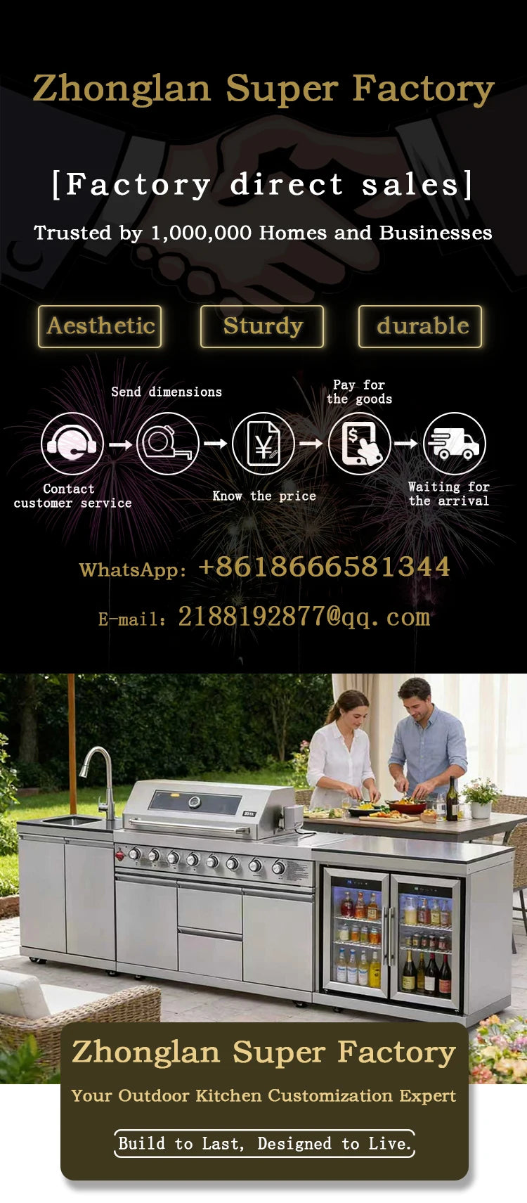 Cuisines d'extérieur modernes modulaires fonctionnelles en acier inoxydable avec grill, plaques de cuisson, évier, réfrigérateur et LED pour patio et jardin.